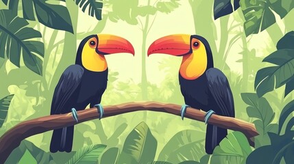 Two toucans perched on branch, facing each other, lush rainforest background, jungle illustration