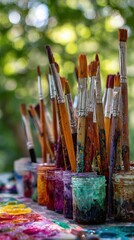 Obraz premium Colorful Paintbrushes in Jars with Paint Artistic Tools for Painting Creative Expression and Art Supplies