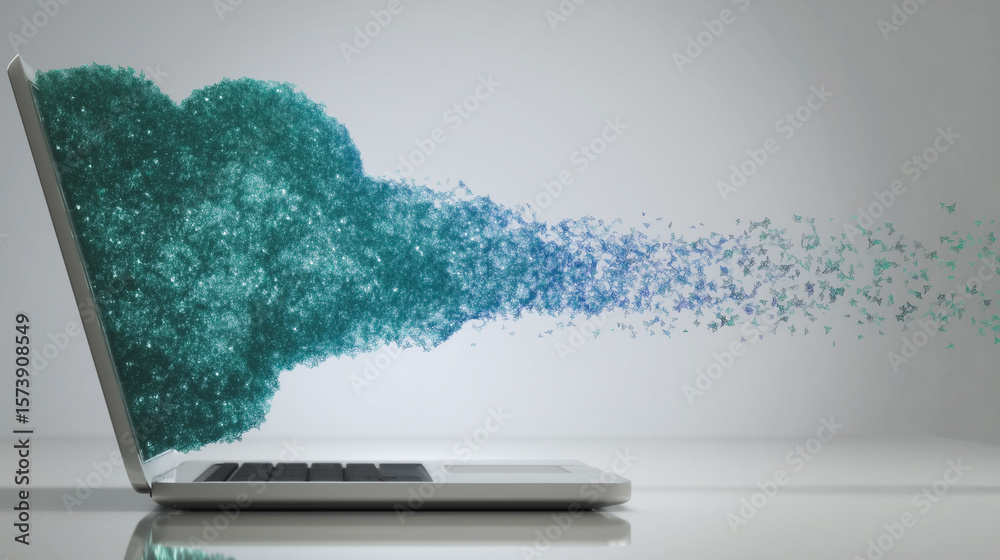 Poster digital cloud integration: a visual metaphor for data storage and connectivity, with a laptop's scre