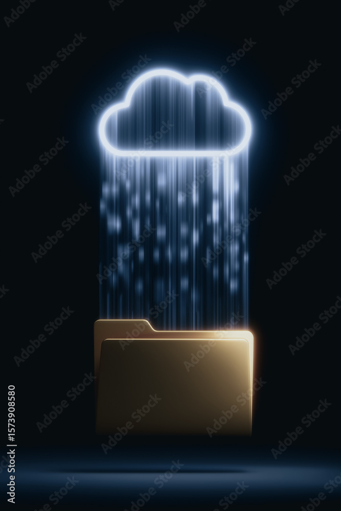 Poster cloud data flow: a digital rendering showcases data pouring down from a luminous cloud into a golden