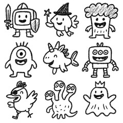 Cute fantasy and sci-fi characters in hand-drawn doodle style, Transparent Background