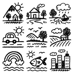Cute landscape and nature doodles in hand-drawn sketch style, Transparent Background
