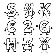 Cute cartoon letters and numbers with faces in hand-drawn doodle style, Transparent Background