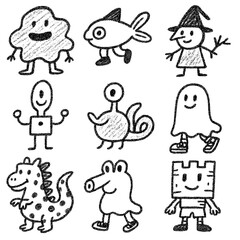 Cute cartoon monsters and germs in hand-drawn doodle style, Transparent Background