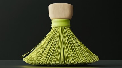 Lime green tea whisk, wooden handle, dark background, studio shot, tea ceremony
