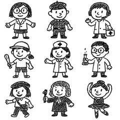 Cute children in various professions and activities, hand-drawn doodle style, Transparent Background