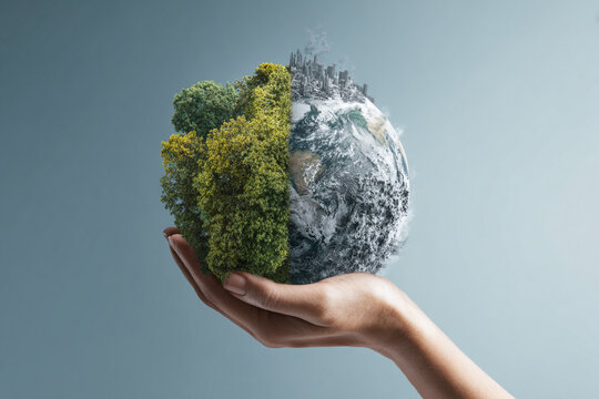 Businessman's hands cradle a green earth globe, a global business and environmental care concept - Powered by Adobe