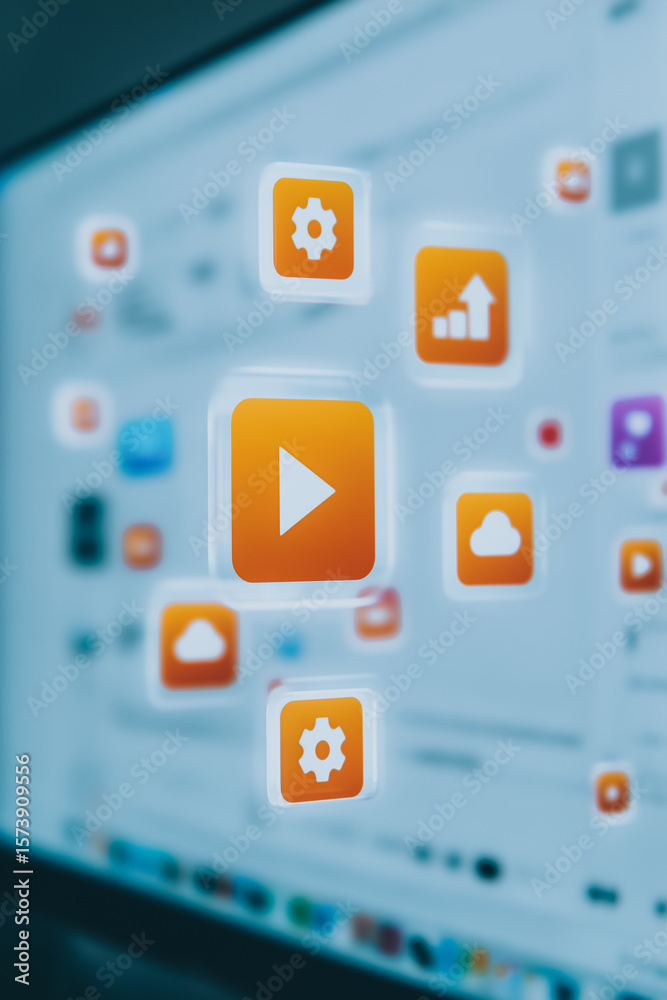 Poster Digital Interface: Abstract view of a digital interface with a central play icon, and multiple functional icons that seems to float. evoking sense of technology, innovation and digital age.