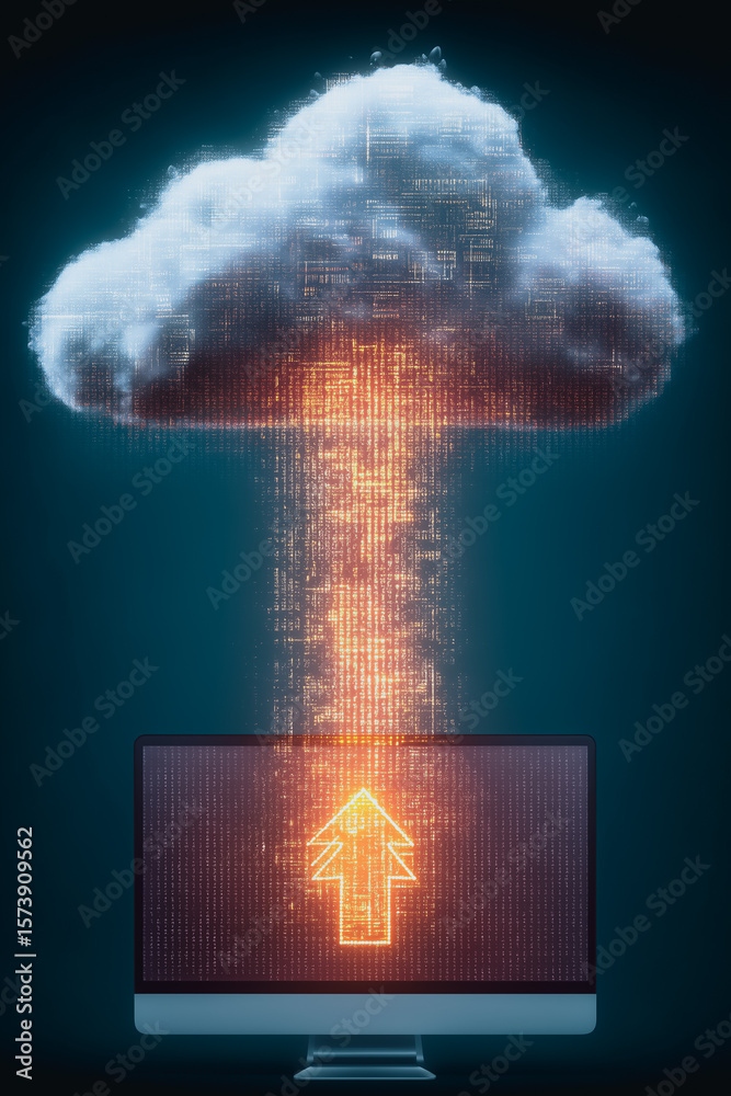 Fototapete Cloud Data Transfer: A conceptual image of digital data streaming upward from a computer monitor into a cloud, highlighting data transfer and cloud computing.