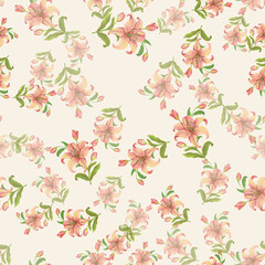 Orange and green lily flowers seamless pattern on beige background. Realistic elegant lily flowers patterns for textile, fabric, bedding, wallpaper.