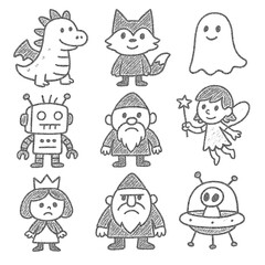 Cute fantasy and sci-fi characters in hand-drawn doodle style, Transparent Background