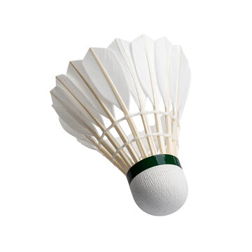 Isolated white badminton shuttlecock with racket on white background