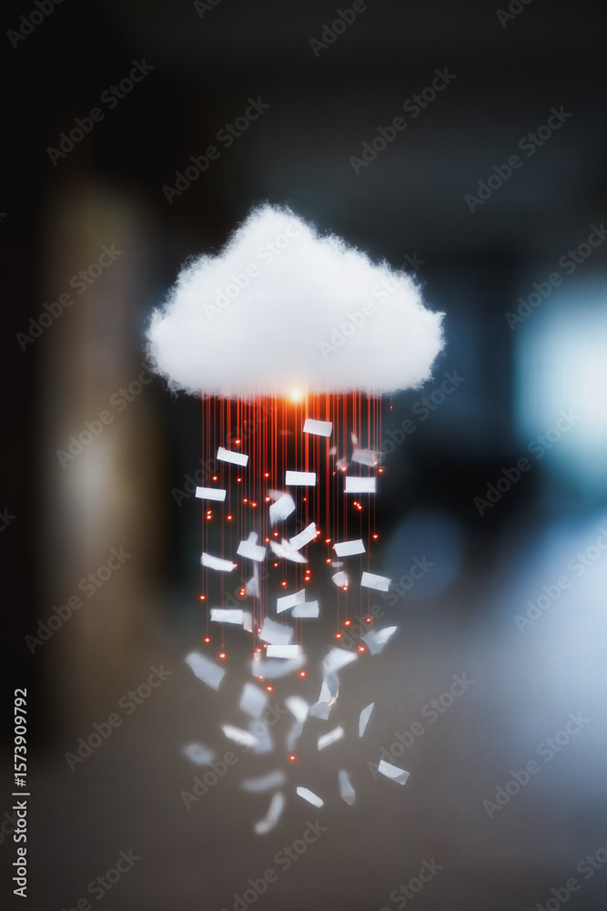 Poster digital cloud and data flow: an artistic rendering shows a fluffy white cloud seemingly raining digi