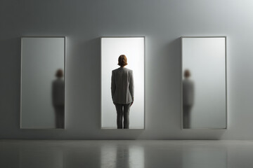 Obraz premium A person stands between two mirrors, each reflecting