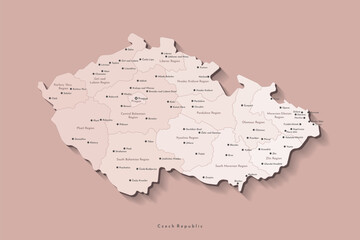 Vector modern isolated illustration. Simplified administrative map of Czech Republic in beige colors. Names of capital, big cities and regions. Brown background
