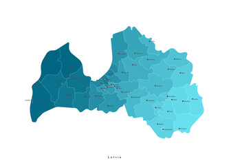 Vector isolated illustration. Simplified administrative map of Latvia. White background. Names of cities and border of municipalities