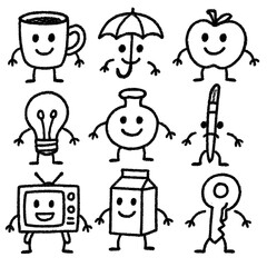 Cute cartoon objects with faces in hand-drawn doodle style, Transparent Background