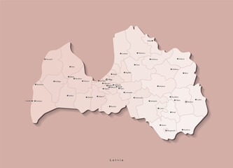 Vector isolated illustration. Simplified administrative map of Latvia in beige colors. Brown background. Names of cities and border of municipalities