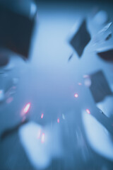 Fragmented Dynamics: An abstract visual narrative of shattered forms and particles exploding outwards in a dynamic and evocative composition. The fragments appear to be in a deep space.