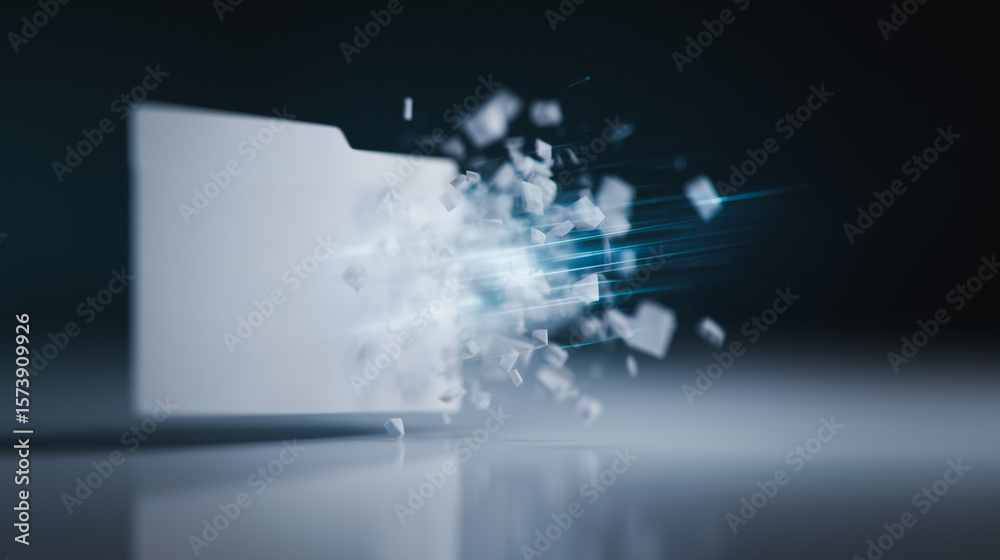Poster file explosion: an image of exploding file with pieces disintegrating outward, representing data bre