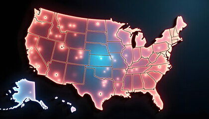 Illuminated United States Map with Red and Blue Glowing Lights on Dark Background