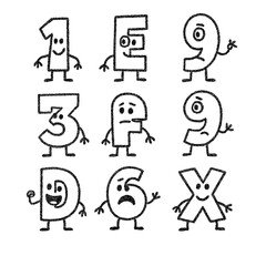 Cute cartoon letters and numbers with faces in hand-drawn doodle style, Transparent Background