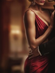 The finished cover of a romantic book about billionaires, a close-up of a man's hand tightly squeezing a woman's waist, a red silk dress