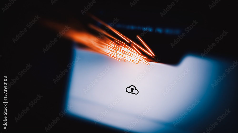 Poster data transfer to cloud: abstract image of data transfer to the cloud, using fiber optic cables and a