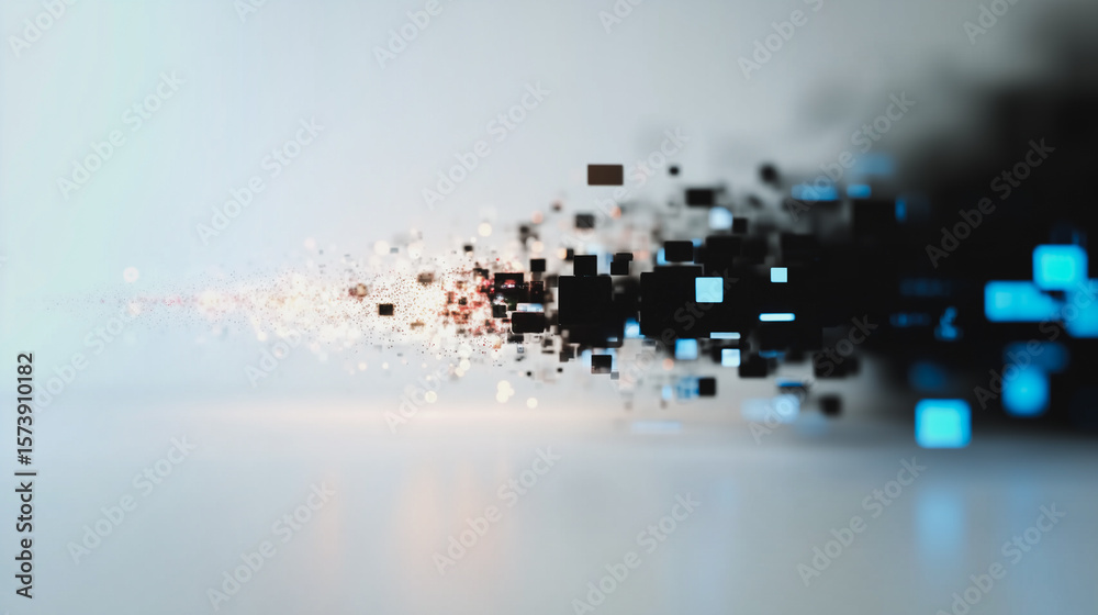 Poster digital disintegration: abstract digital particles disintegrating into a stream of light and dark hu