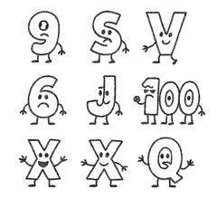 Cute cartoon letters and numbers with faces in hand-drawn doodle style, Transparent Background