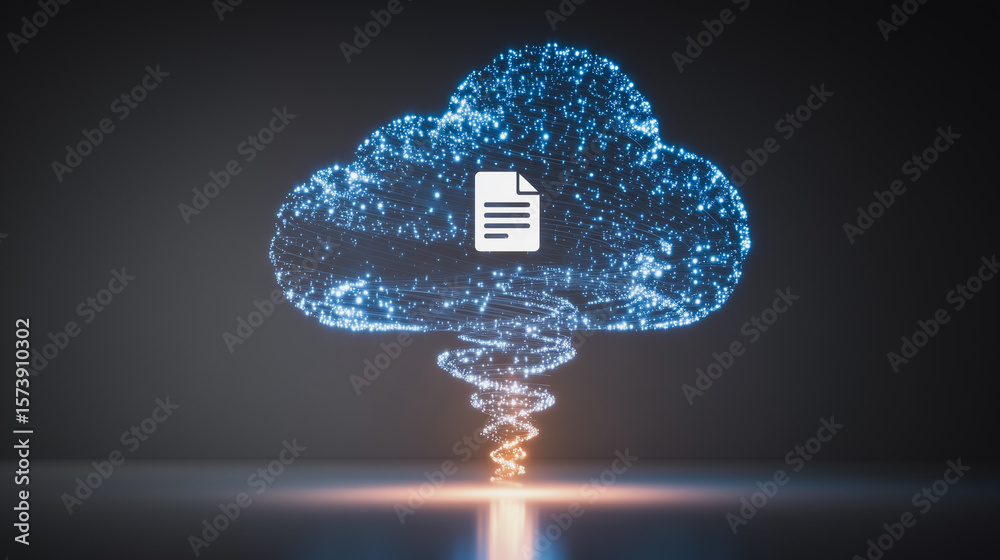 Poster digital cloud data security: a digital representation of a cloud with a file icon floats, illuminate