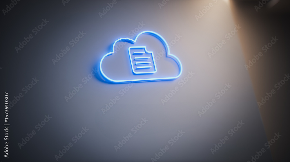 Wall mural cloud file neon symbol: a vibrant neon symbol of a file within a cloud, illuminated with soft lighti