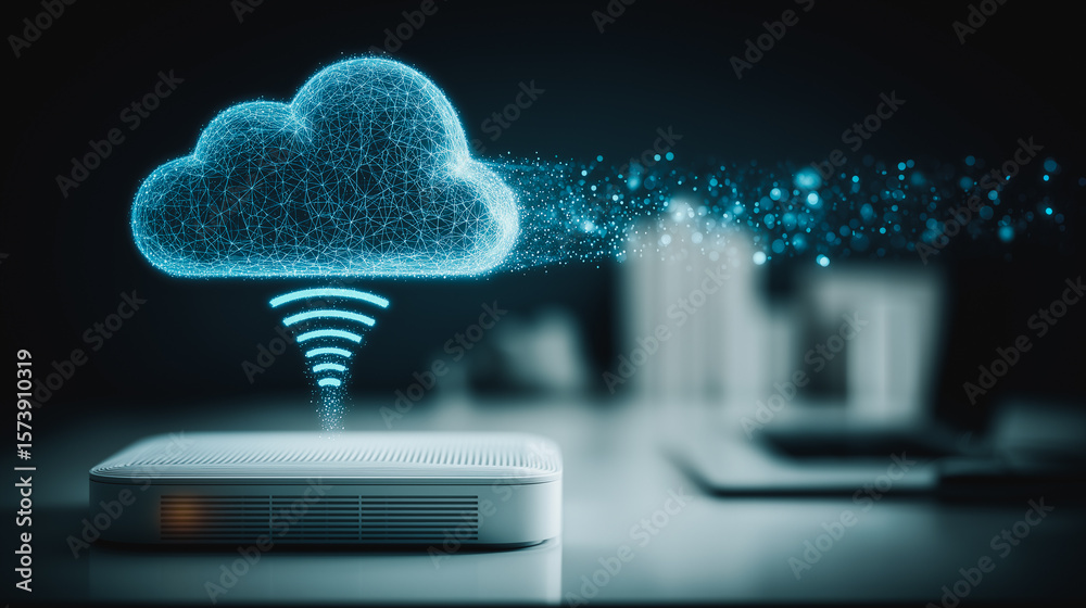Poster cloud computing network: a digital illustration of a cloud hovering above a modem, symbolizing the c