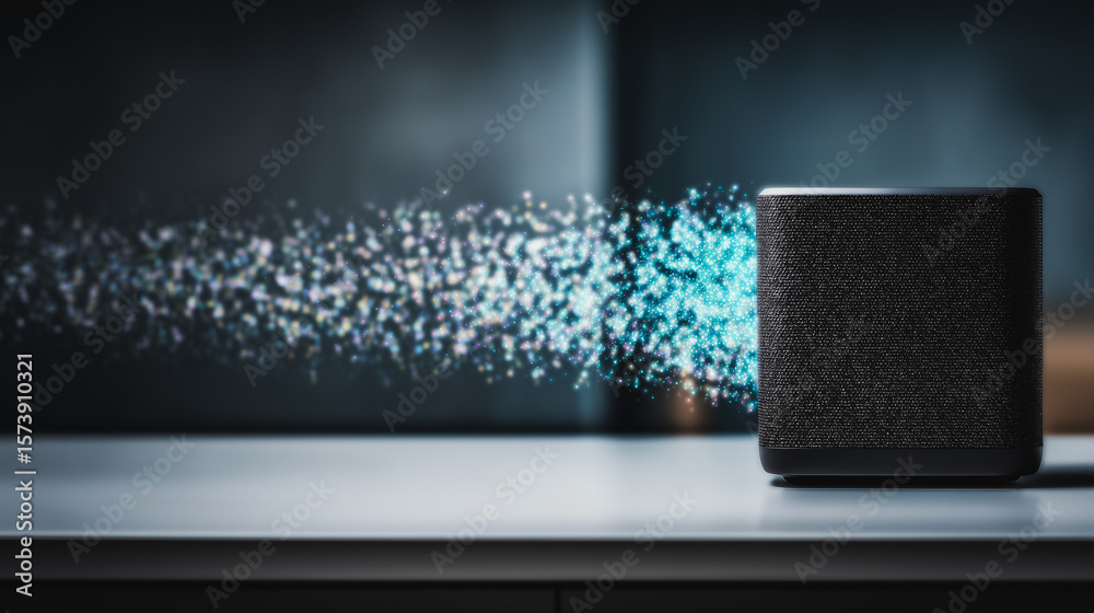 Poster wireless sound emission : a modern smart device with an intriguing light particle effect on a surfac