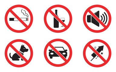 No Smoking, Drinking, Noise, Dogs, Cars, and Fireworks Sign Collection.