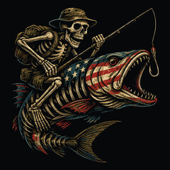 Fishing Sublimation Hunter, Patriotic Skeleton Fisherman Riding American Flag , mens fishing funny vector t-shirt design.