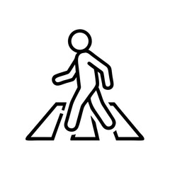 Crosswalk symbol in simple line drawing depicting a pedestrian, black and white. Crosswalk symbol for web, mobile, or print media with bold, minimalist design.