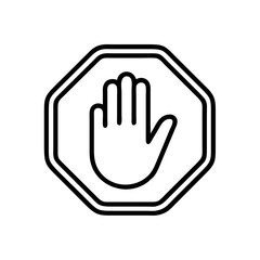 Fototapeta premium Stop sign outline with hand depicts traffic warning and safety, shows symbol. Black and white stop sign shows a traffic signal, warning and safety in public places.
