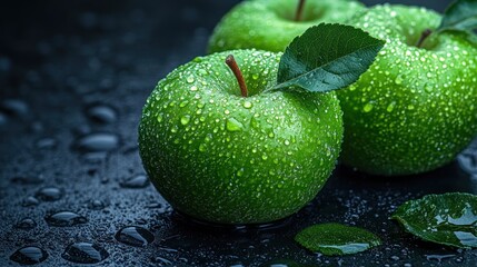 Two fresh green apples with water droplets, leaves on dark background.