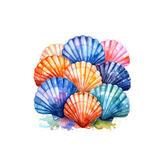 Colorful scallop shells on white background
