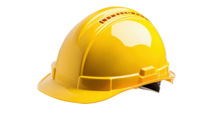 Modern construction helmet, yellow color, high-resolution photo, background isolated on a Transparent background, PNG file.