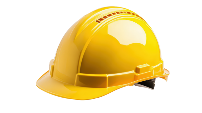 Modern construction helmet, yellow color, high-resolution photo, background isolated on a Transparent background, PNG file.
