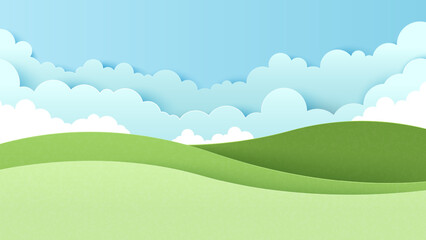 Landscape scenery with mountain and white cloud in summer blue sky background. Nature landscape. Paper cut and craft style illustration