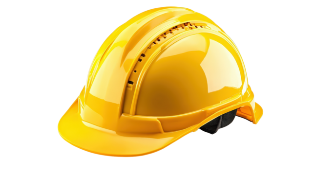 Modern construction helmet, yellow color, high-resolution photo, background isolated on a Transparent background, PNG file.