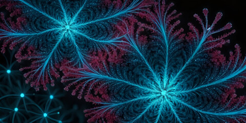 Fototapeta premium Ethereal Teal and Red Abstract Floral Forms with Delicate Filament Structures on Dark Background