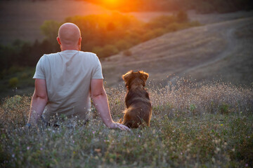 Happy dog and man playing outdoor