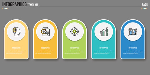 Rectangular infographic template or element with 5 step, process, option, colorful rectangle, icons, triangle, paper origami, button, tag, circle, circular, square bar for sale slide, internet planner