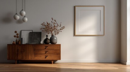 Mid century modern wooden sideboard with dried flowers vases and framed artwork in a minimalist room