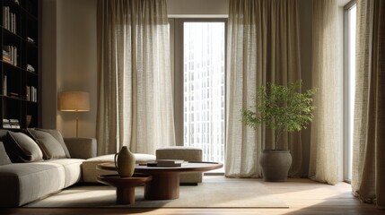 Fototapeta premium Modern living room interior design beige linen curtains sectional sofa coffee table and potted plant
