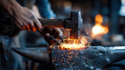 Blacksmith forging metal with hammer in fiery workshop.
